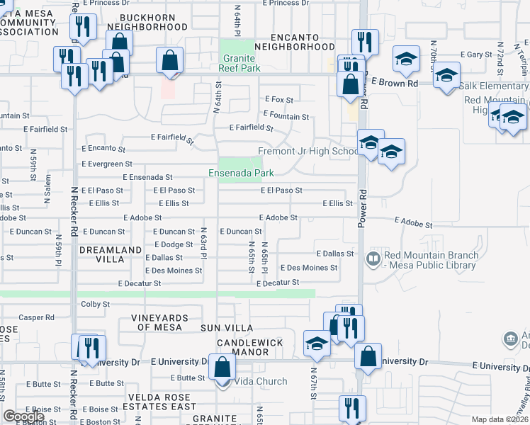 map of restaurants, bars, coffee shops, grocery stores, and more near 6529 East Ellis Street in Mesa