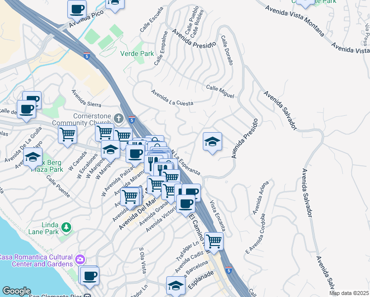 map of restaurants, bars, coffee shops, grocery stores, and more near 132 North La Esperanza in San Clemente