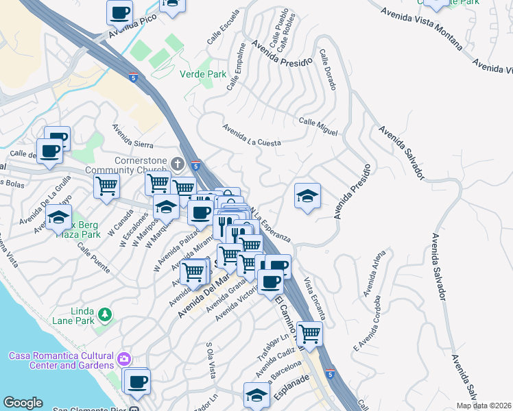 map of restaurants, bars, coffee shops, grocery stores, and more near 132 North La Esperanza in San Clemente