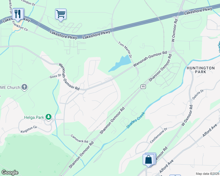 map of restaurants, bars, coffee shops, grocery stores, and more near 2707 Oxmoor Way in Birmingham