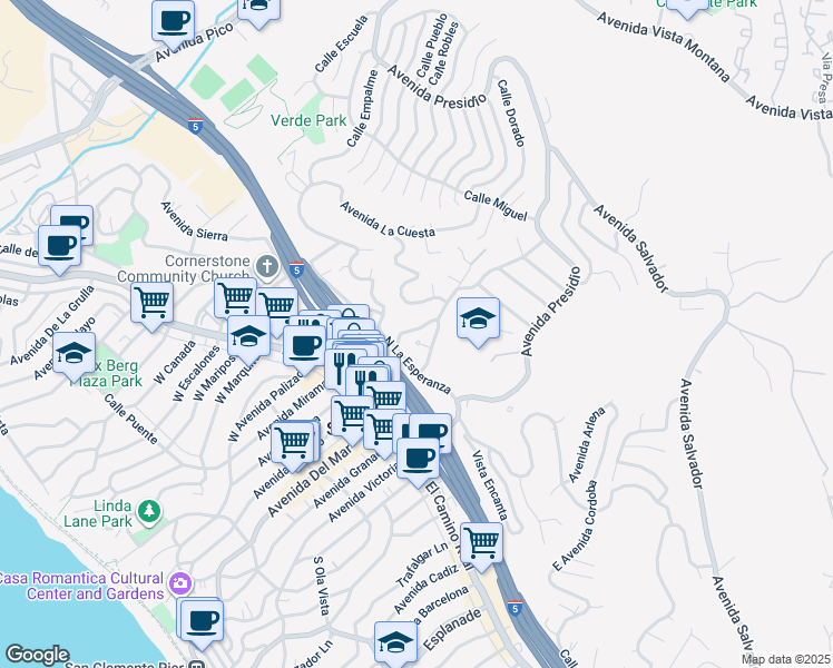 map of restaurants, bars, coffee shops, grocery stores, and more near 18 Via Cima in San Clemente
