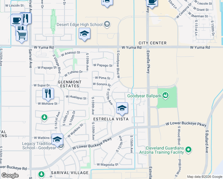 map of restaurants, bars, coffee shops, grocery stores, and more near 1764 South 156th Lane in Goodyear