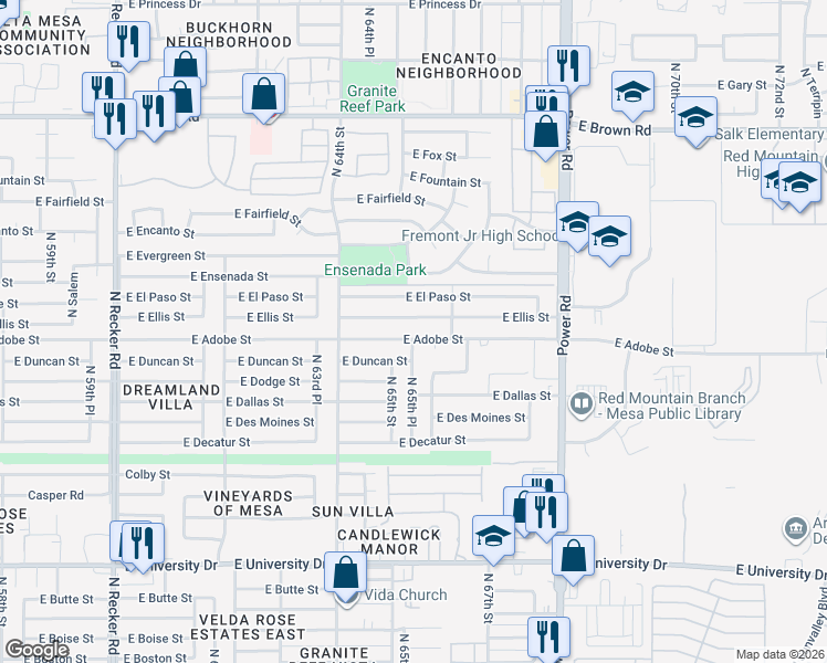 map of restaurants, bars, coffee shops, grocery stores, and more near 6529 East Ellis Street in Mesa