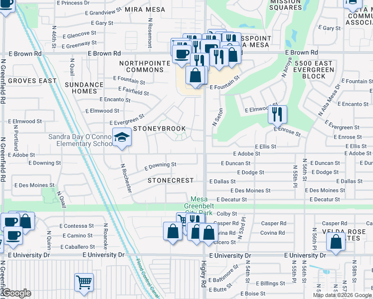 map of restaurants, bars, coffee shops, grocery stores, and more near 5132 East Adobe Street in Mesa