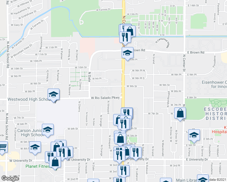 map of restaurants, bars, coffee shops, grocery stores, and more near 436 West 8th Street in Mesa