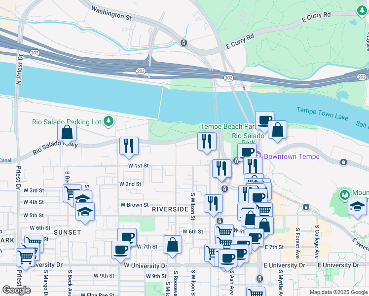 map of restaurants, bars, coffee shops, grocery stores, and more near 525 West Lakeside Drive in Tempe