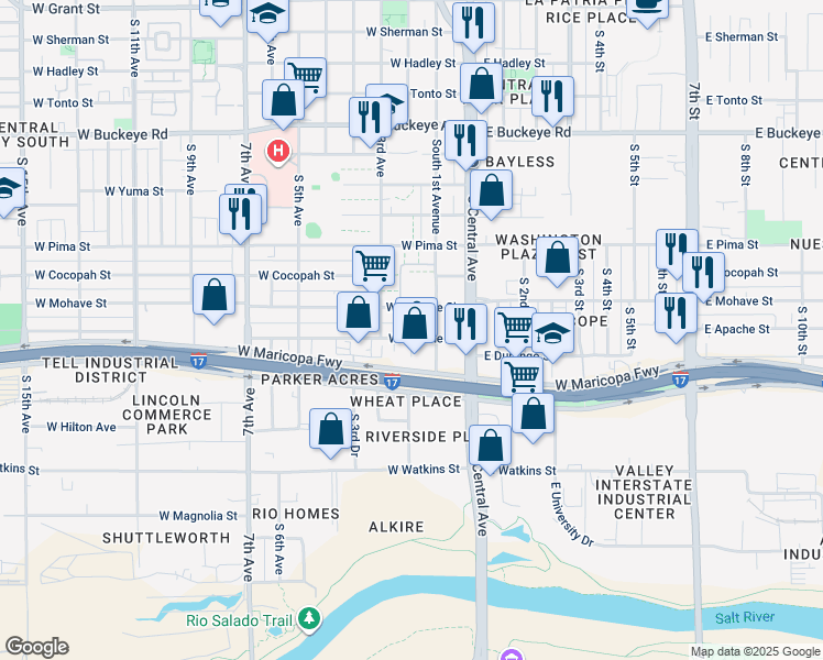 map of restaurants, bars, coffee shops, grocery stores, and more near 108 West Apache Street in Phoenix
