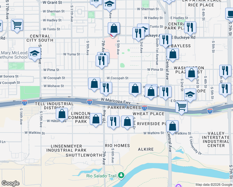 map of restaurants, bars, coffee shops, grocery stores, and more near 362 West Apache Street in Phoenix