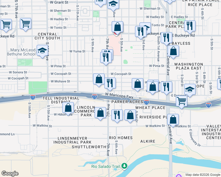map of restaurants, bars, coffee shops, grocery stores, and more near 602 West Apache Street in Phoenix