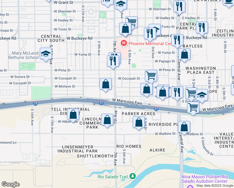 map of restaurants, bars, coffee shops, grocery stores, and more near 602 West Apache Street in Phoenix