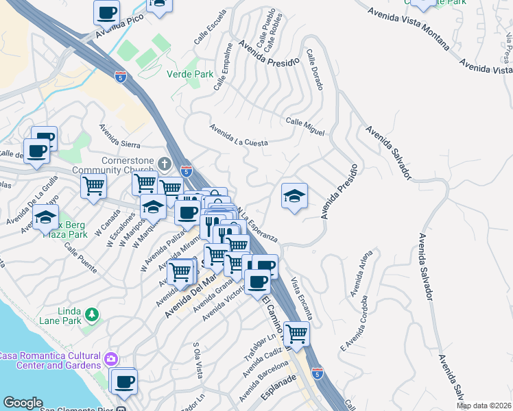 map of restaurants, bars, coffee shops, grocery stores, and more near 18 Via Cima in San Clemente