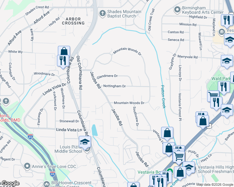 map of restaurants, bars, coffee shops, grocery stores, and more near 1828 Jacobs Lane in Vestavia Hills