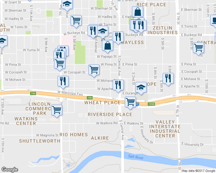 map of restaurants, bars, coffee shops, grocery stores, and more near 108 West Apache Street in Phoenix