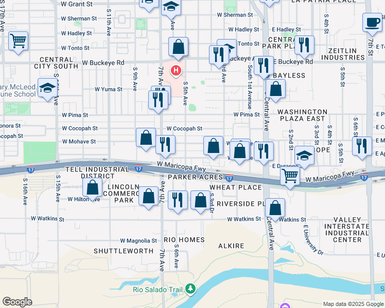map of restaurants, bars, coffee shops, grocery stores, and more near 362 W Apache St in Phoenix