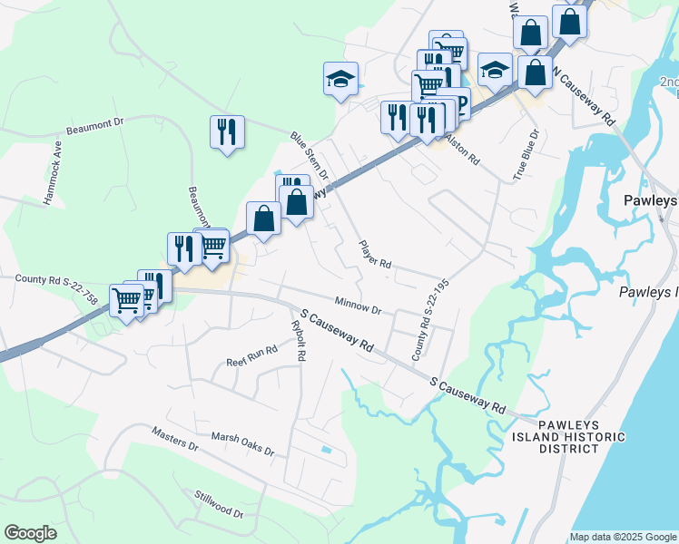 map of restaurants, bars, coffee shops, grocery stores, and more near 217 Egret Run Lane in Pawleys Island