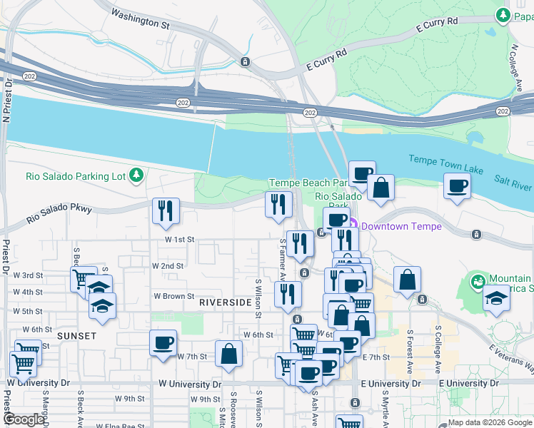 map of restaurants, bars, coffee shops, grocery stores, and more near 435 West Rio Salado Parkway in Tempe