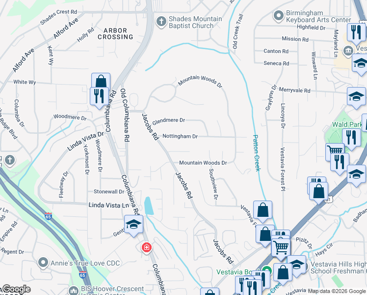 map of restaurants, bars, coffee shops, grocery stores, and more near 1828 Jacobs Lane in Vestavia Hills