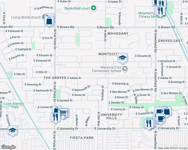 map of restaurants, bars, coffee shops, grocery stores, and more near 3917 East Ellis Street in Mesa
