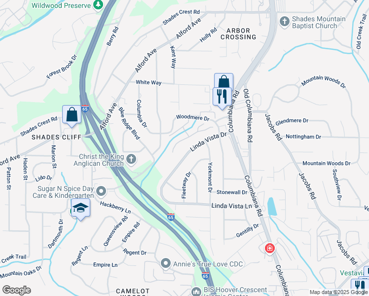 map of restaurants, bars, coffee shops, grocery stores, and more near 1460 Linda Vista Drive in Vestavia Hills