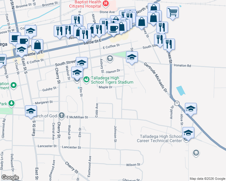 map of restaurants, bars, coffee shops, grocery stores, and more near 727 Maple Drive in Talladega