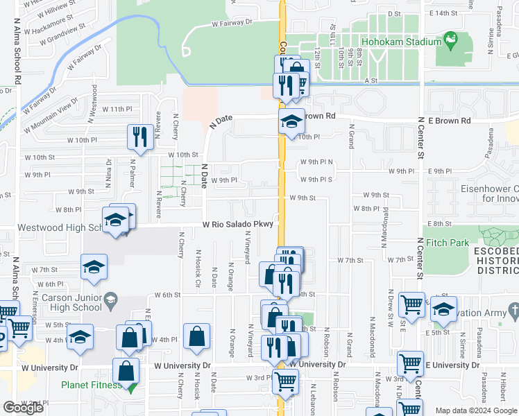 map of restaurants, bars, coffee shops, grocery stores, and more near 436 West 8th Street in Mesa