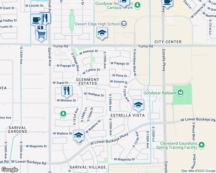 map of restaurants, bars, coffee shops, grocery stores, and more near 1738 South 159th Avenue in Goodyear