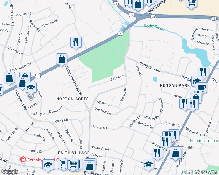 map of restaurants, bars, coffee shops, grocery stores, and more near 2545 Richmond Hill Road in Augusta
