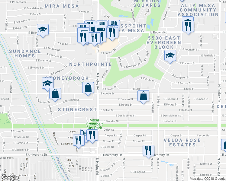 map of restaurants, bars, coffee shops, grocery stores, and more near 5301 East Enrose Street in Mesa