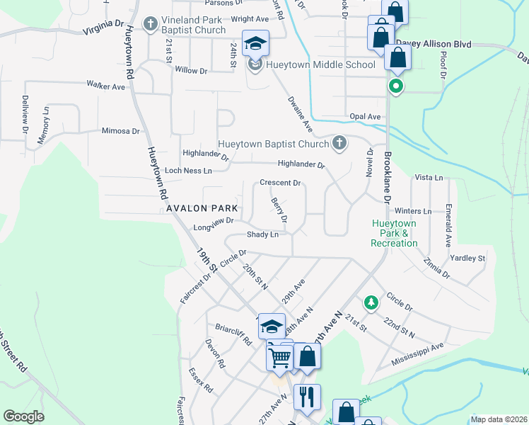 map of restaurants, bars, coffee shops, grocery stores, and more near 3332 Berry Drive in Hueytown