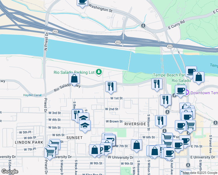 map of restaurants, bars, coffee shops, grocery stores, and more near 945 West Rio Salado Parkway in Tempe