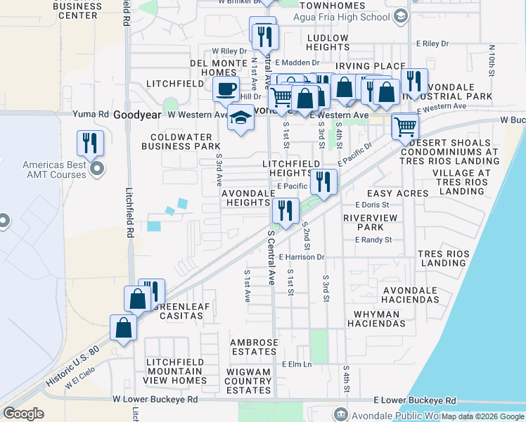 map of restaurants, bars, coffee shops, grocery stores, and more near 21 West Rhodes Avenue in Avondale