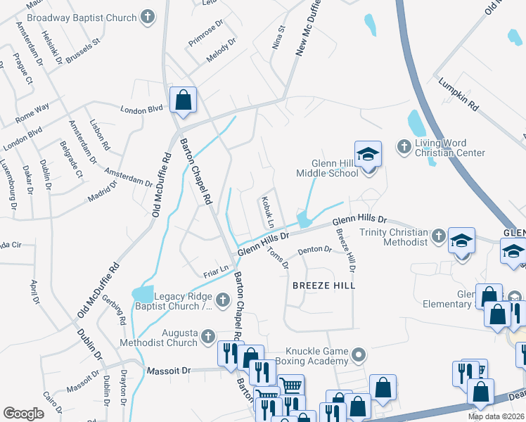 map of restaurants, bars, coffee shops, grocery stores, and more near 2519 Redoubt Circle in Augusta