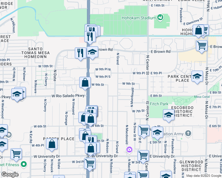 map of restaurants, bars, coffee shops, grocery stores, and more near 831 North Robson in Mesa