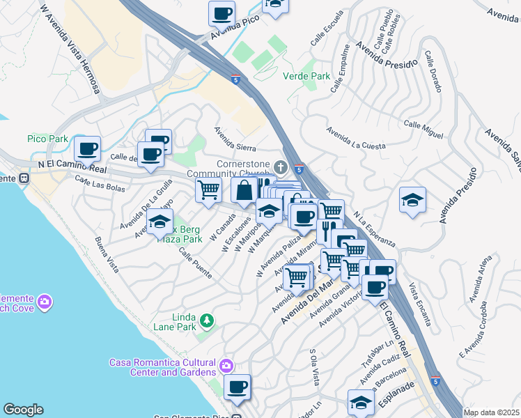 map of restaurants, bars, coffee shops, grocery stores, and more near 701 North El Camino Real in San Clemente