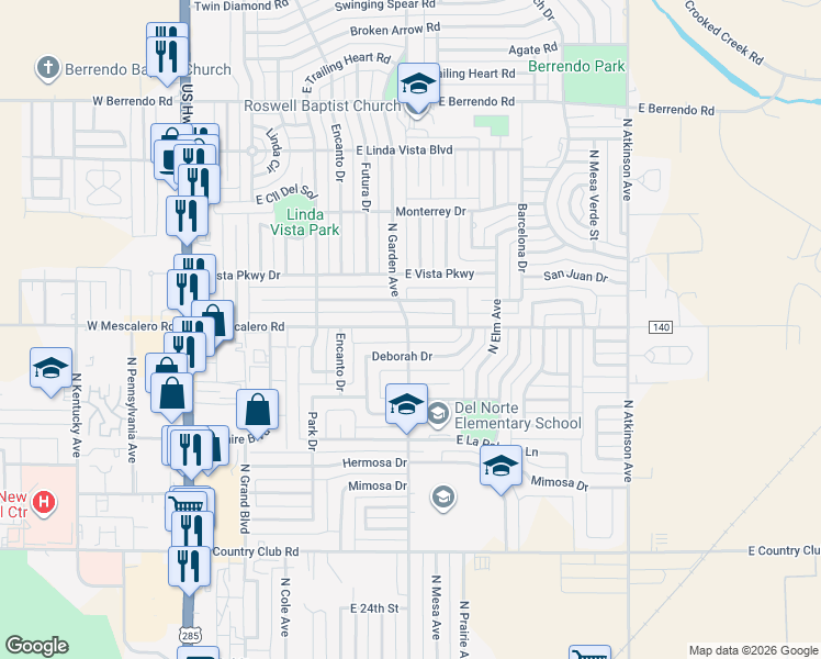 map of restaurants, bars, coffee shops, grocery stores, and more near 704 East Mescalero Road in Roswell