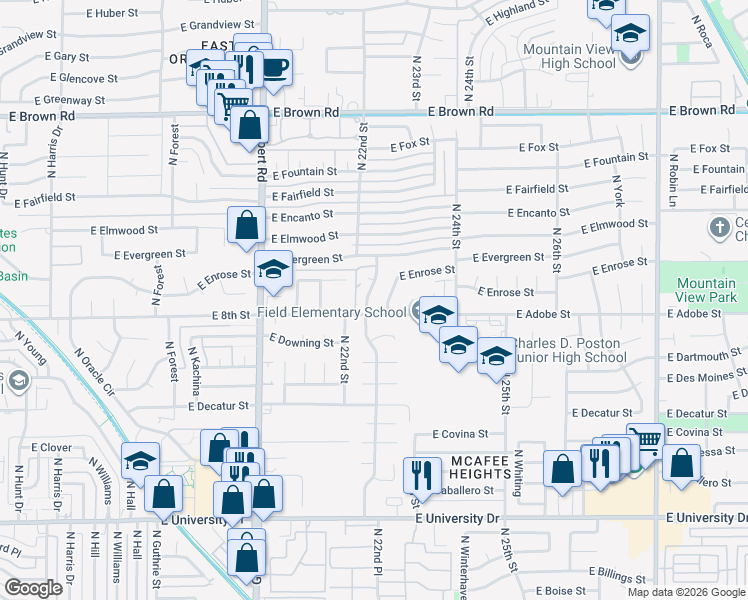 map of restaurants, bars, coffee shops, grocery stores, and more near 819 North Acacia Circle in Mesa