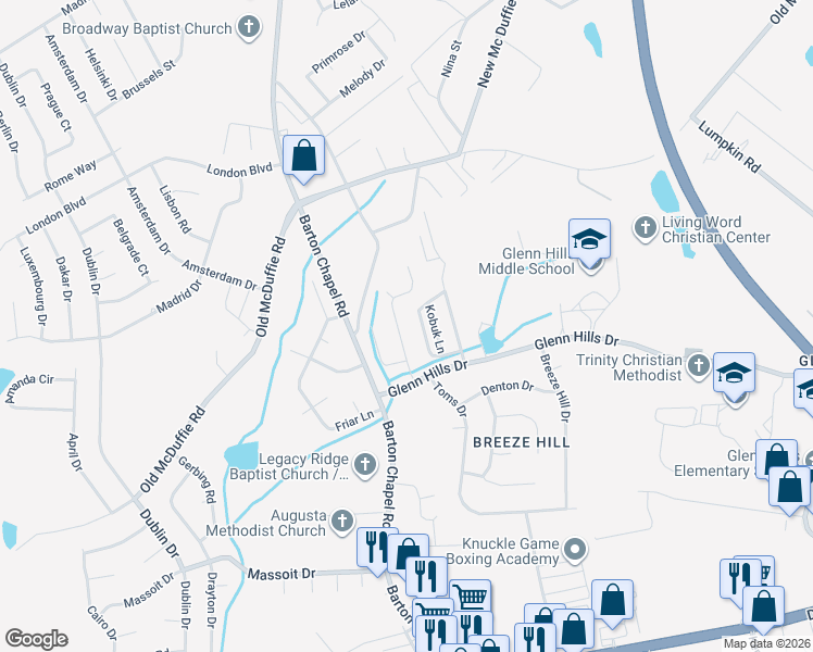 map of restaurants, bars, coffee shops, grocery stores, and more near 3516 Tullocks Hill Drive in Augusta