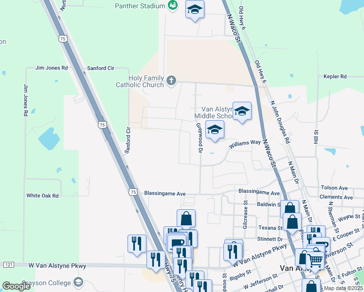 map of restaurants, bars, coffee shops, grocery stores, and more near 1041 Stanridge Lane in Van Alstyne
