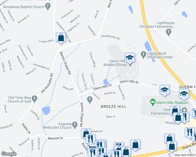map of restaurants, bars, coffee shops, grocery stores, and more near 2420 Emery Hills Drive in Augusta