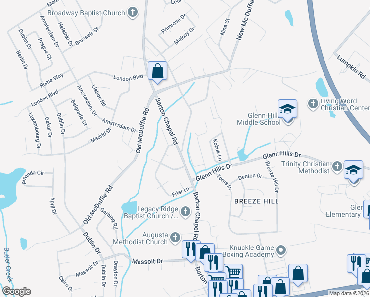 map of restaurants, bars, coffee shops, grocery stores, and more near 3621 Mount View Drive in Augusta