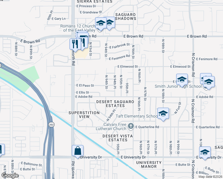map of restaurants, bars, coffee shops, grocery stores, and more near 9418 E Ellis St in Mesa