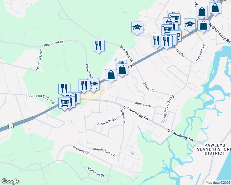 map of restaurants, bars, coffee shops, grocery stores, and more near 51 Jackrabbit Place in Pawleys Island