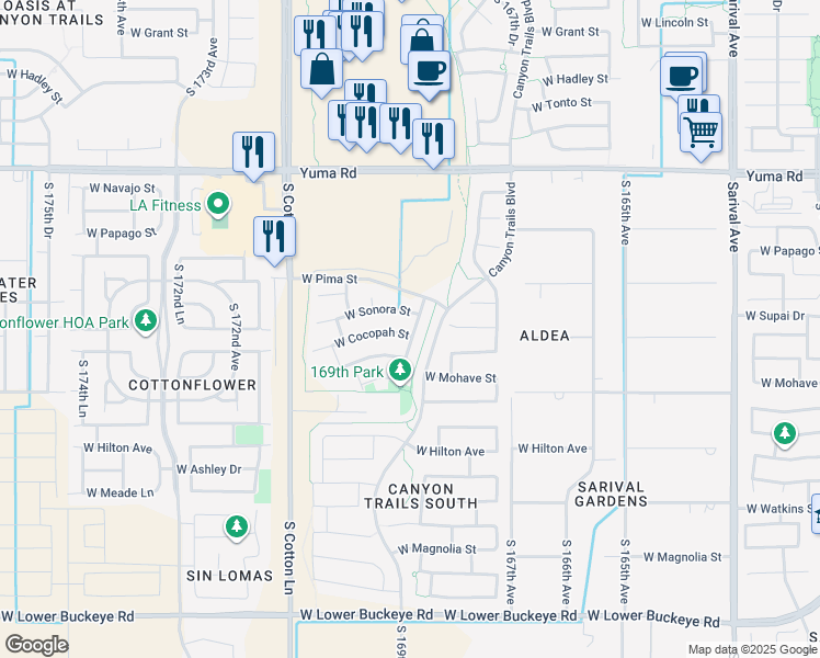 map of restaurants, bars, coffee shops, grocery stores, and more near 16910 West Cocopah Street in Goodyear