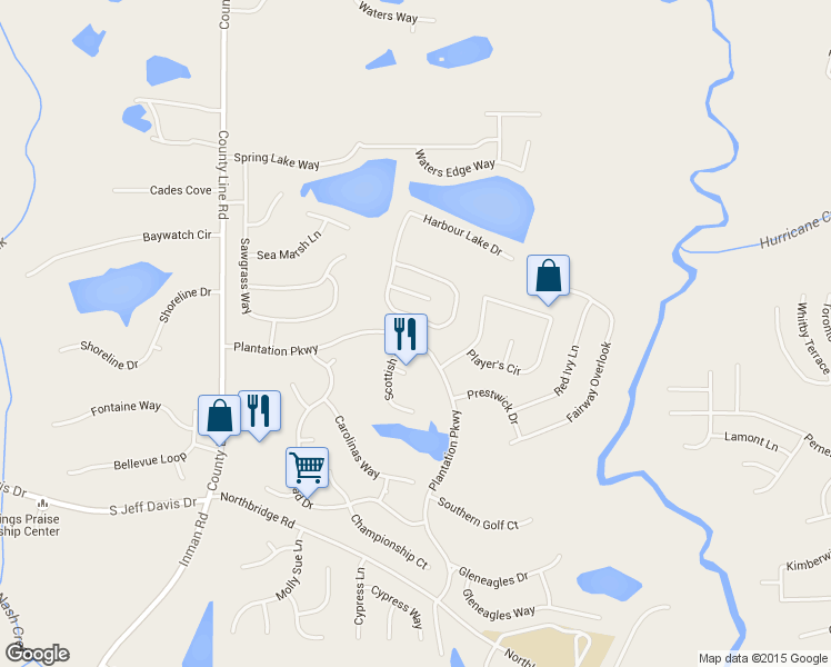 map of restaurants, bars, coffee shops, grocery stores, and more near 11904 Plantation Parkway in Fayetteville