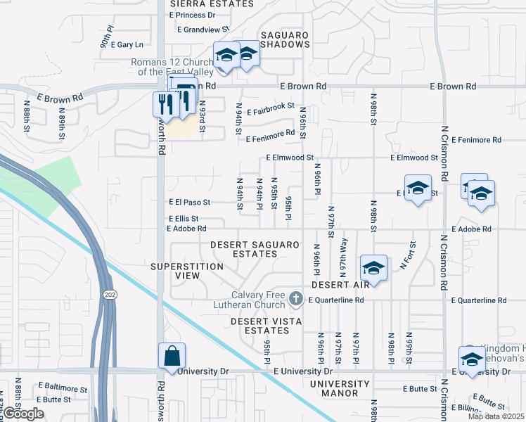 map of restaurants, bars, coffee shops, grocery stores, and more near 9418 East Ellis Street in Mesa