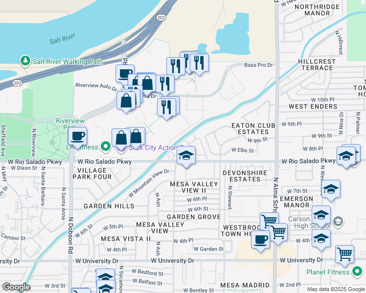 map of restaurants, bars, coffee shops, grocery stores, and more near 1500 West Rio Salado Parkway in Mesa
