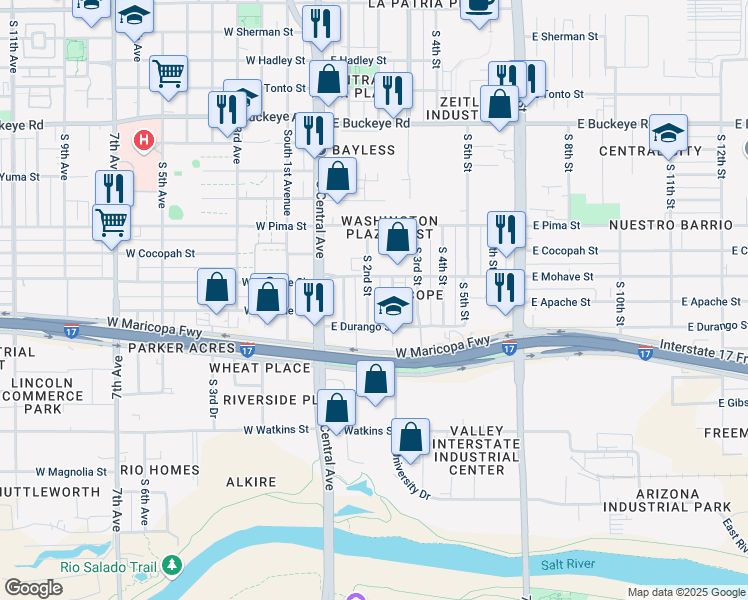 map of restaurants, bars, coffee shops, grocery stores, and more near 1714 South 2nd Place in Phoenix