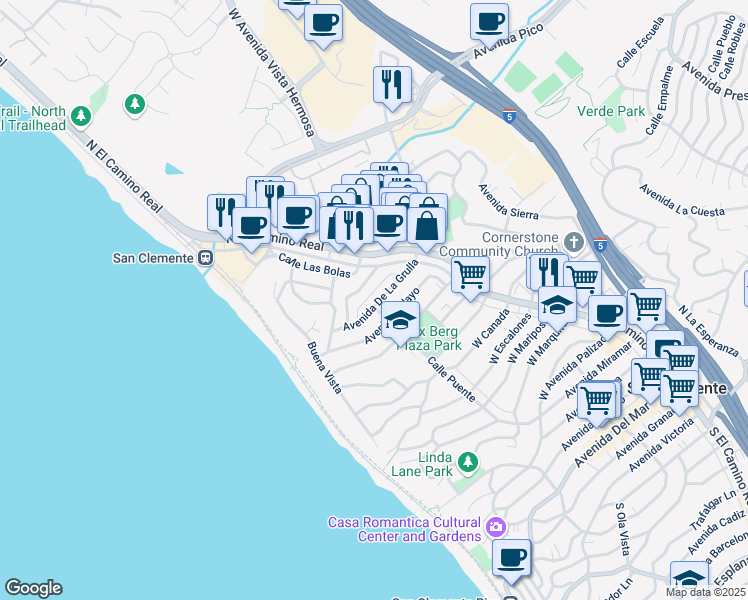 map of restaurants, bars, coffee shops, grocery stores, and more near 132A Avenida De La Grulla in San Clemente