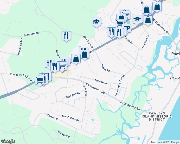 map of restaurants, bars, coffee shops, grocery stores, and more near 152 Egret Run Lane in Pawleys Island