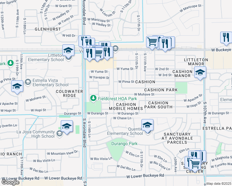 map of restaurants, bars, coffee shops, grocery stores, and more near 1637 South 113th Drive in Avondale